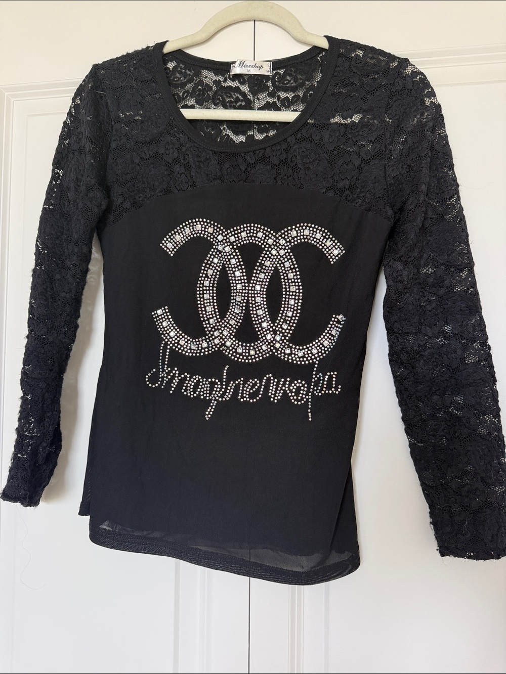 Black Lace-Sleeve Long Sleeve Tee with Rhinestone Logo